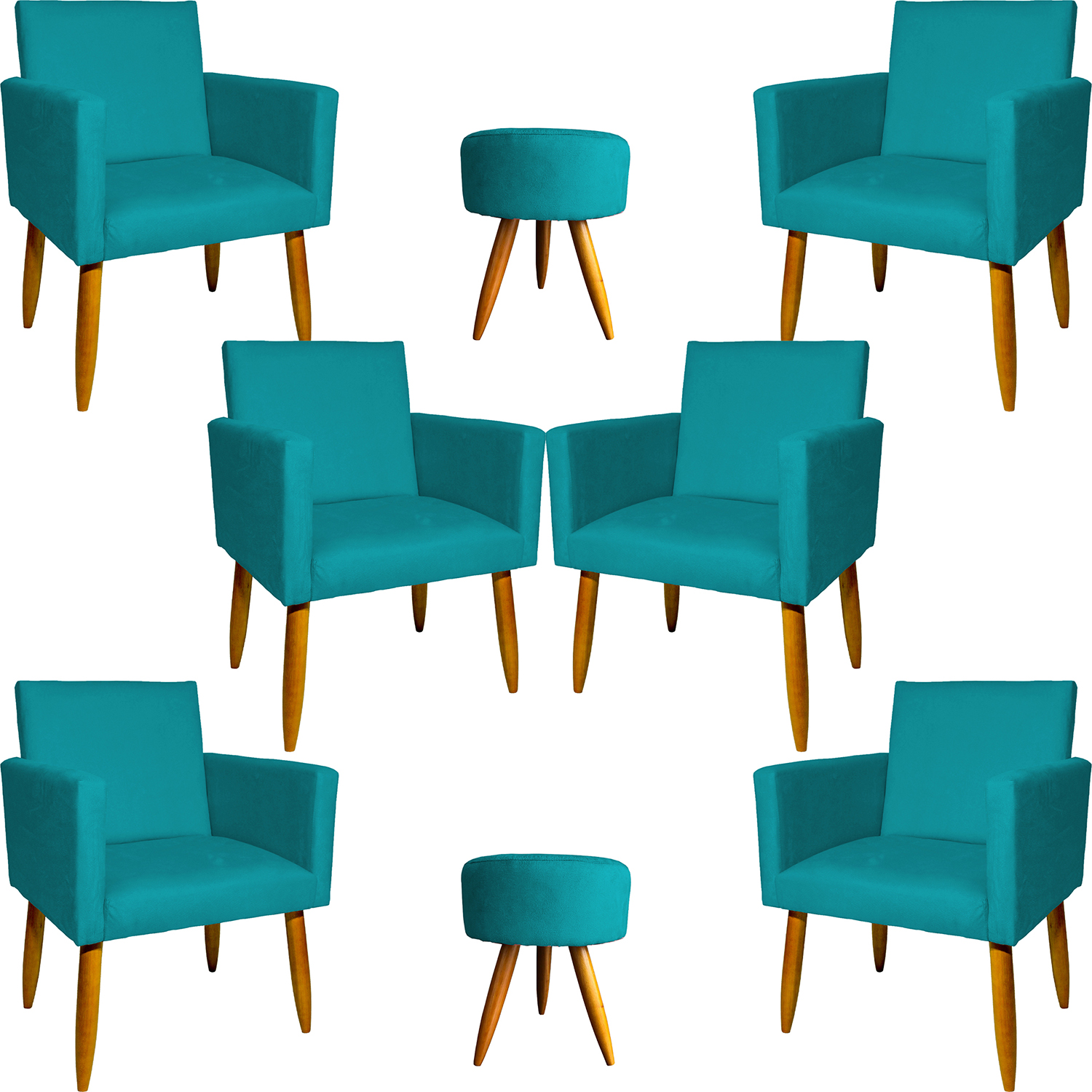 Kit 6 Poltronas Decorativas Para Sala, Recepção Nina + 2 Puff Redondo Suede Azul Turquesa Pé Castanho - Clique E Decore