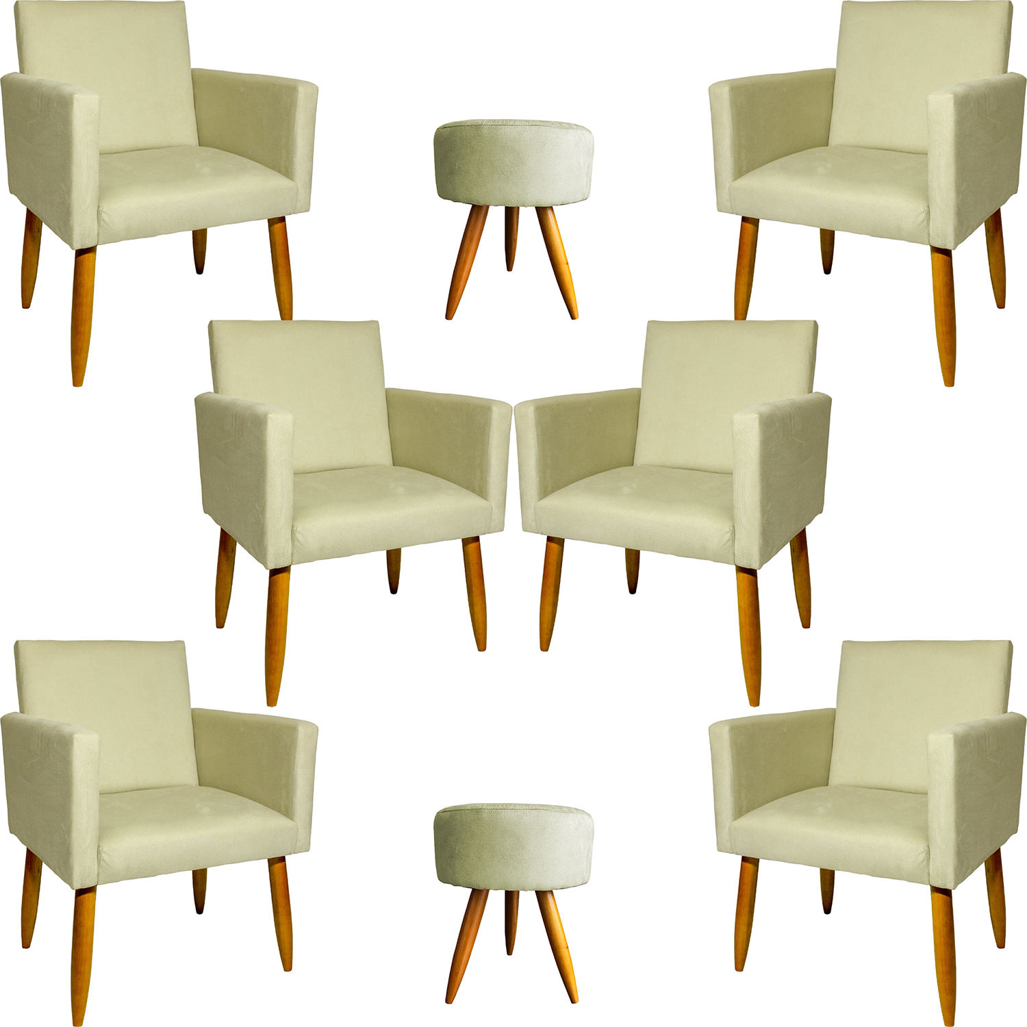 Kit 6 Poltronas Decorativas Para Sala, Recepção Nina + 2 Puff Redondo Suede Bege Pé Castanho - Clique E Decore