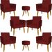 Kit 6 Poltronas Decorativas Para Sala, Recepção Nina + 2 Puff Redondo Suede Bordo Pé Castanho - Clique E Decore