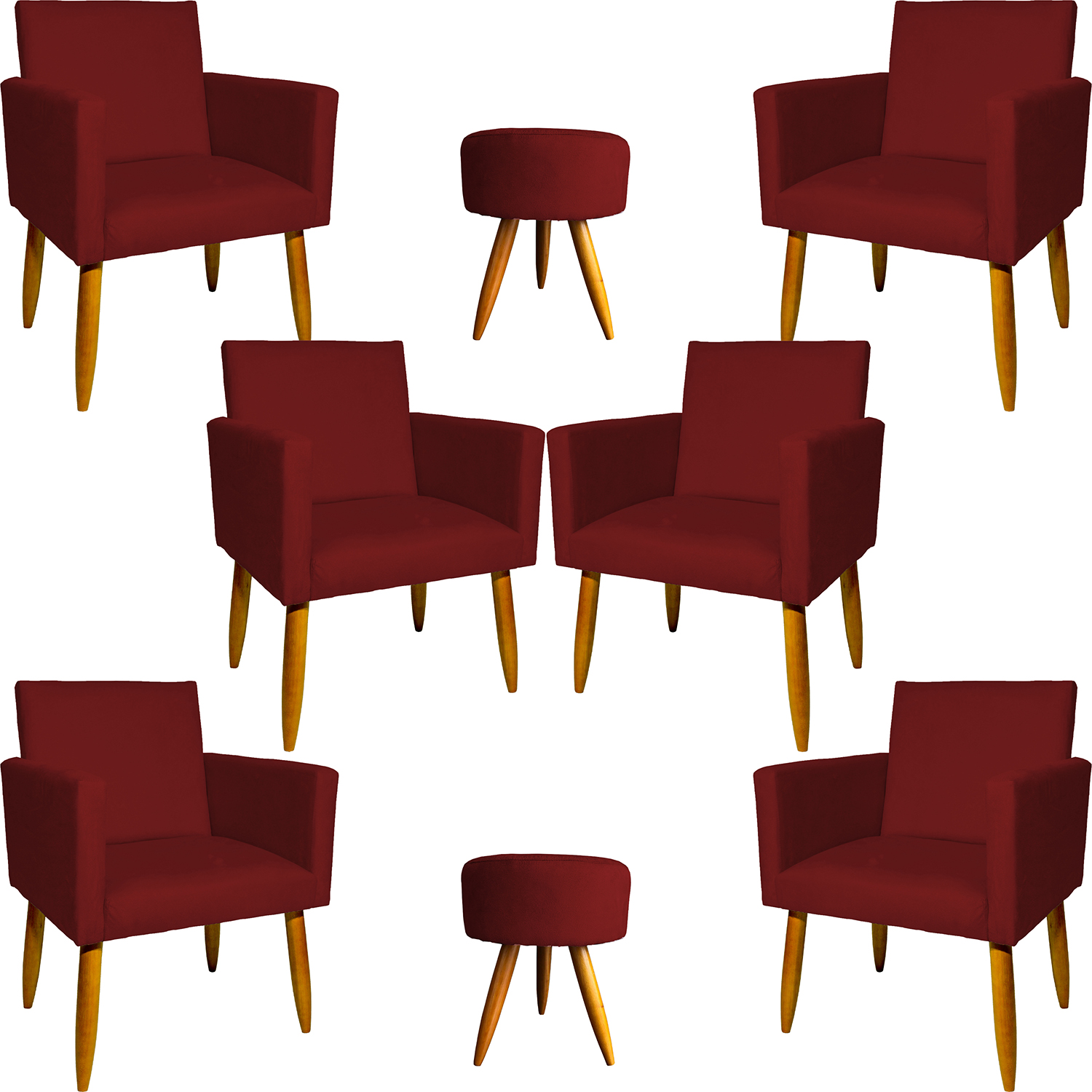 Kit 6 Poltronas Decorativas Para Sala, Recepção Nina + 2 Puff Redondo Suede Bordo Pé Castanho - Clique E Decore
