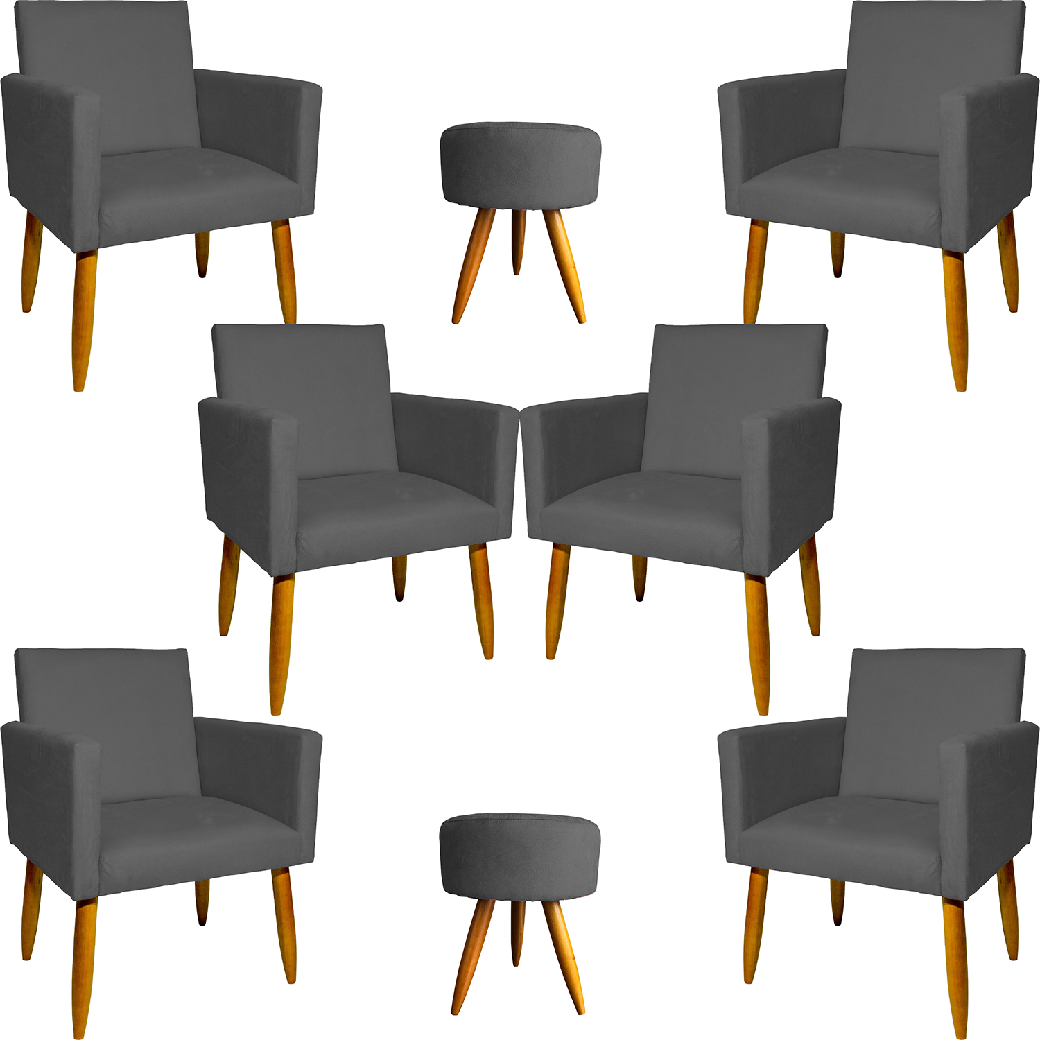 Kit 6 Poltronas Decorativas Para Sala, Recepção Nina + 2 Puff Redondo Suede Cinza Pé Castanho - Clique E Decore