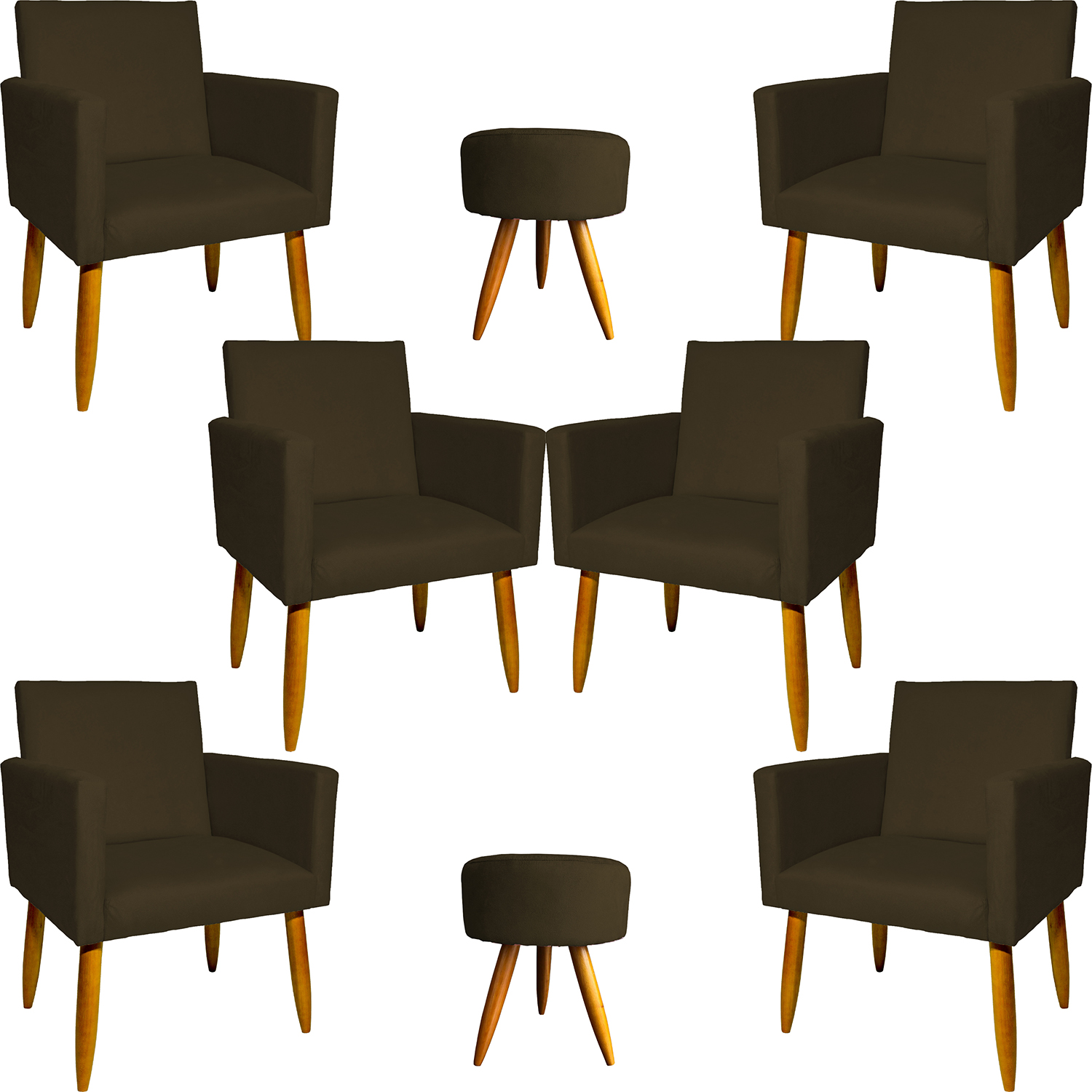 Kit 6 Poltronas Decorativas Para Sala, Recepção Nina + 2 Puff Redondo Suede Marrom Pé Castanho - Clique E Decore