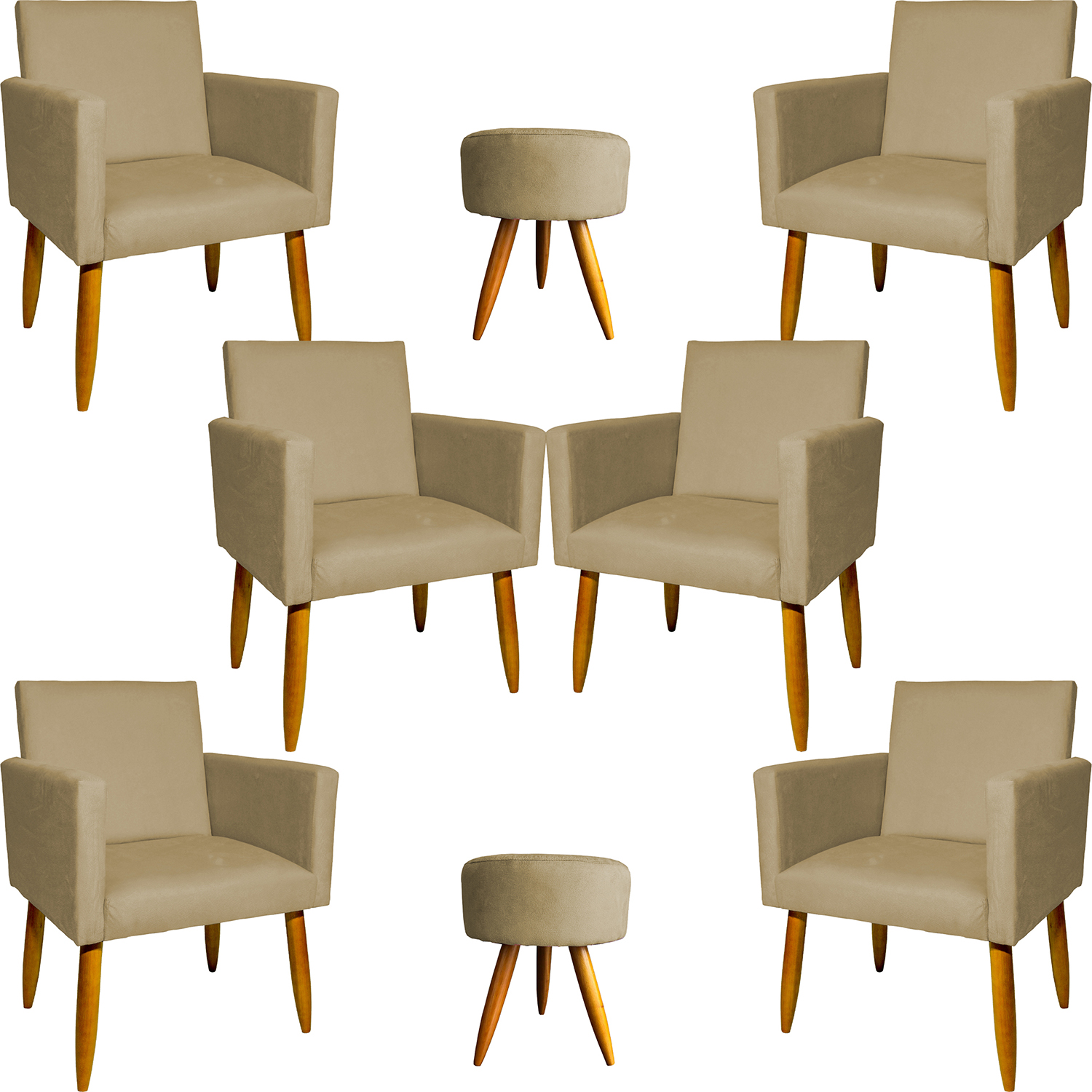 Kit 6 Poltronas Decorativas Para Sala, Recepção Nina + 2 Puff Redondo Suede Nude Pé Castanho - Clique E Decore