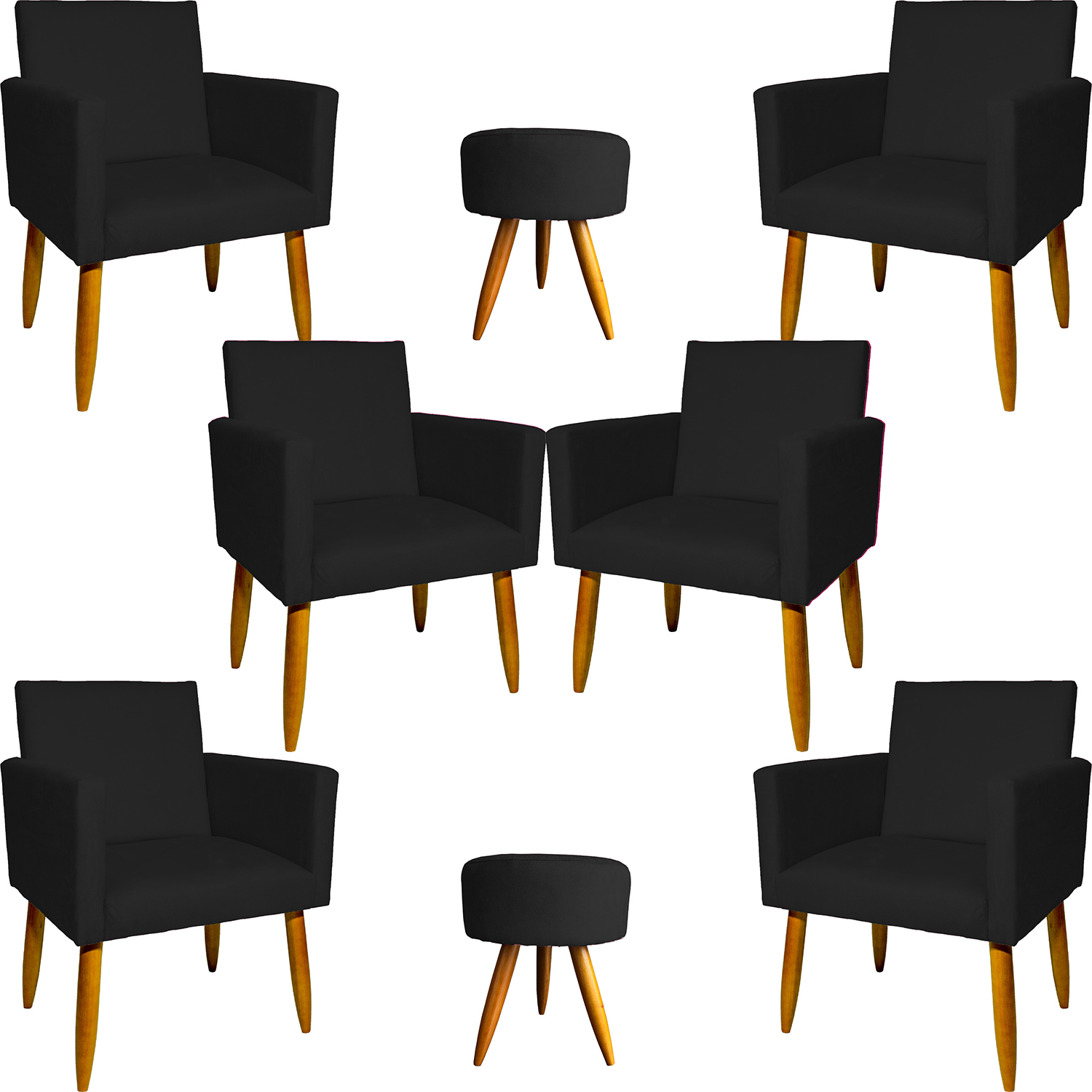 Kit 6 Poltronas Decorativas Para Sala, Recepção Nina + 2 Puff Redondo Suede Preto Pé Castanho - Clique E Decore