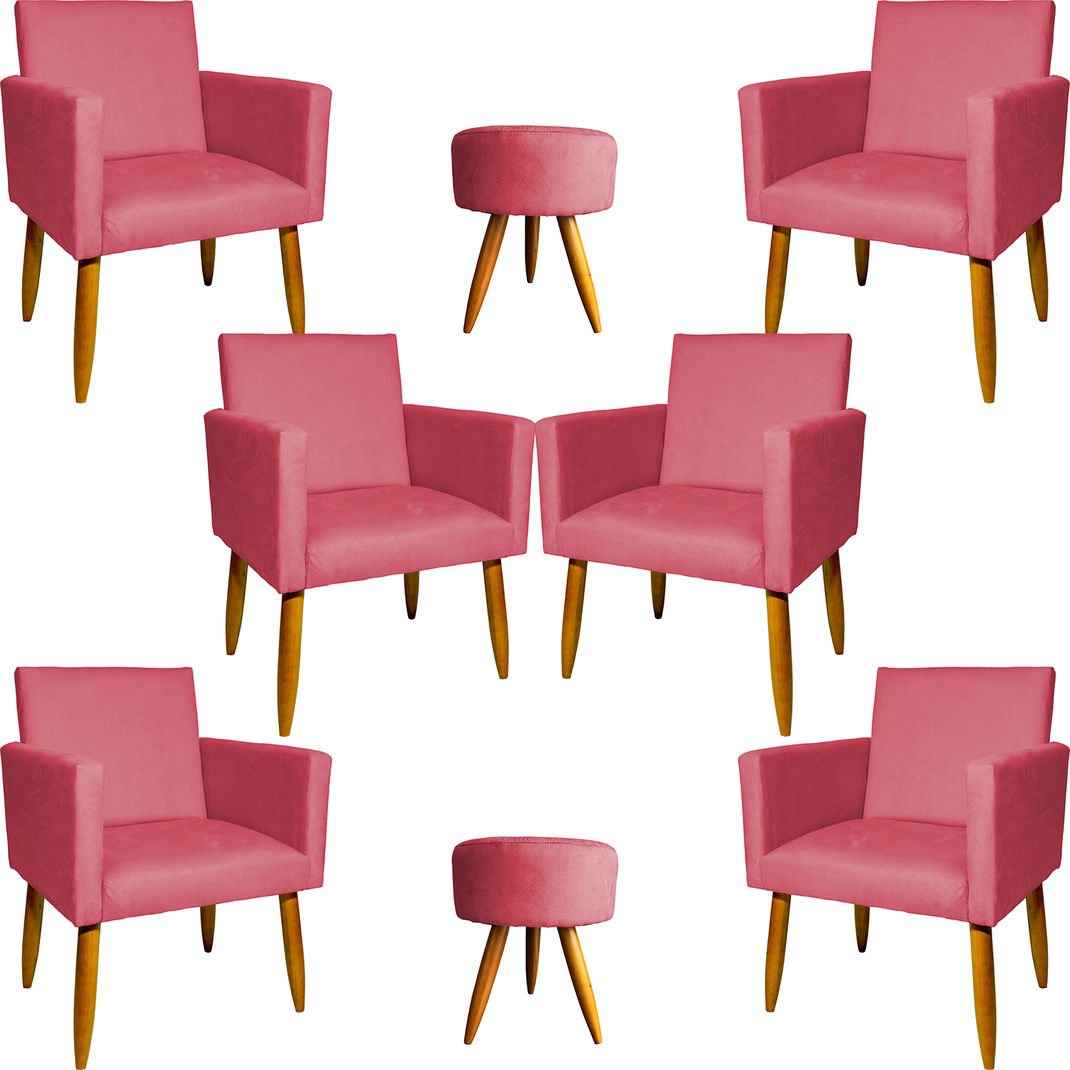 Kit 6 Poltronas Decorativas Para Sala, Recepção Nina + 2 Puff Redondo Suede Rosê Pé Castanho - Clique E Decore