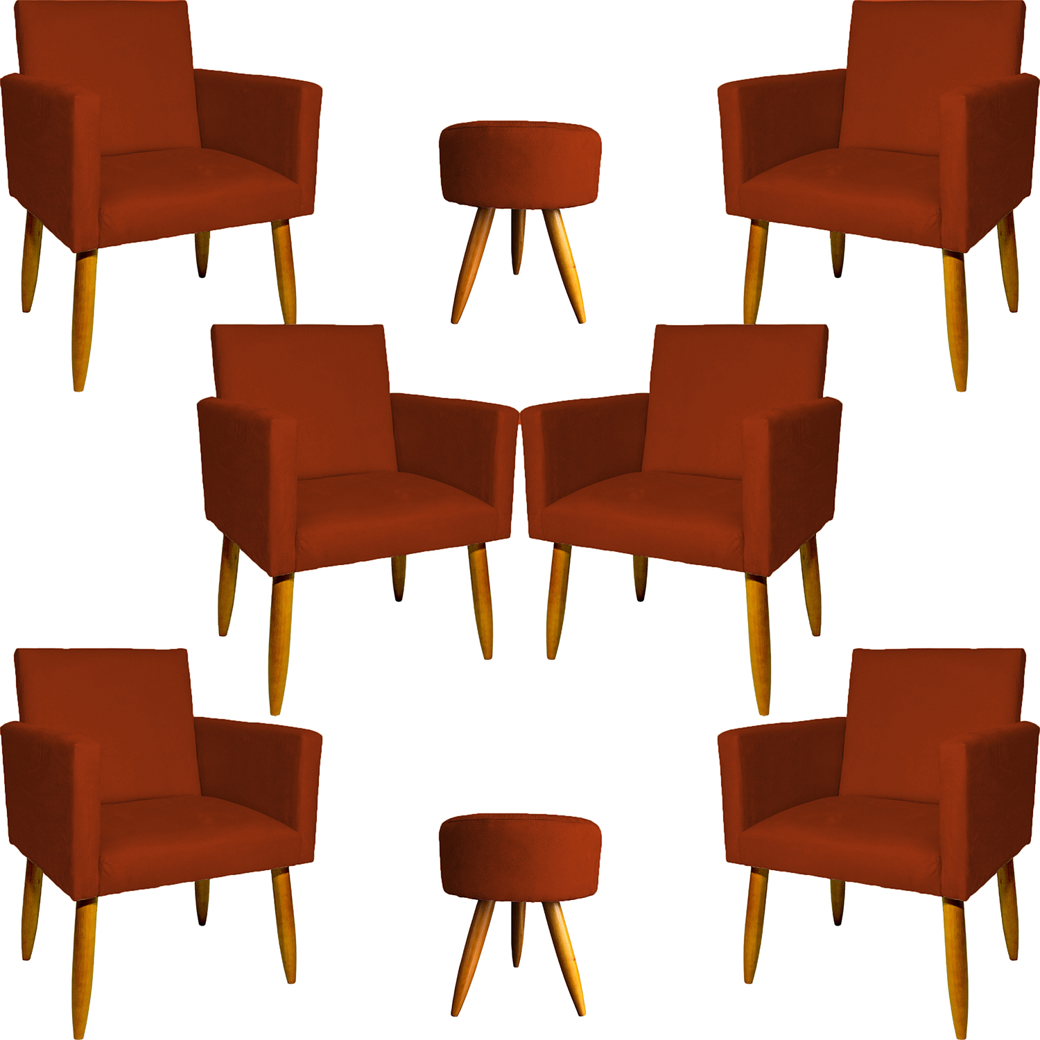 Kit 6 Poltronas Decorativas Para Sala, Recepção Nina + 2 Puff Redondo Suede Terracota Pé Castanho - Clique E Decore