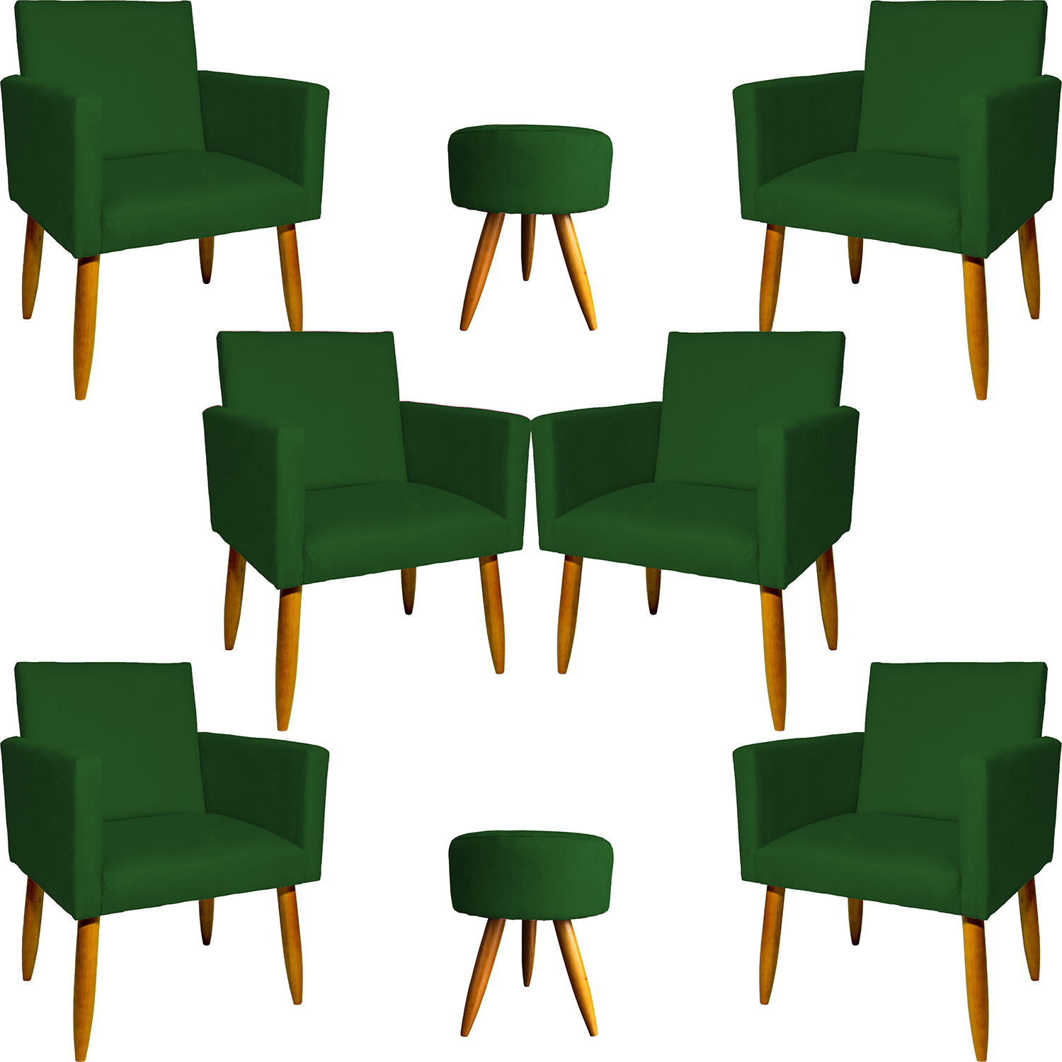 Kit 6 Poltronas Decorativas Para Sala, Recepção Nina + 2 Puff Redondo Suede Verde Pé Castanho - Clique E Decore
