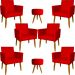 Kit 6 Poltronas Decorativas Para Sala, Recepção Nina + 2 Puff Redondo Suede Vermelho Pé Castanho - Clique E Decore
