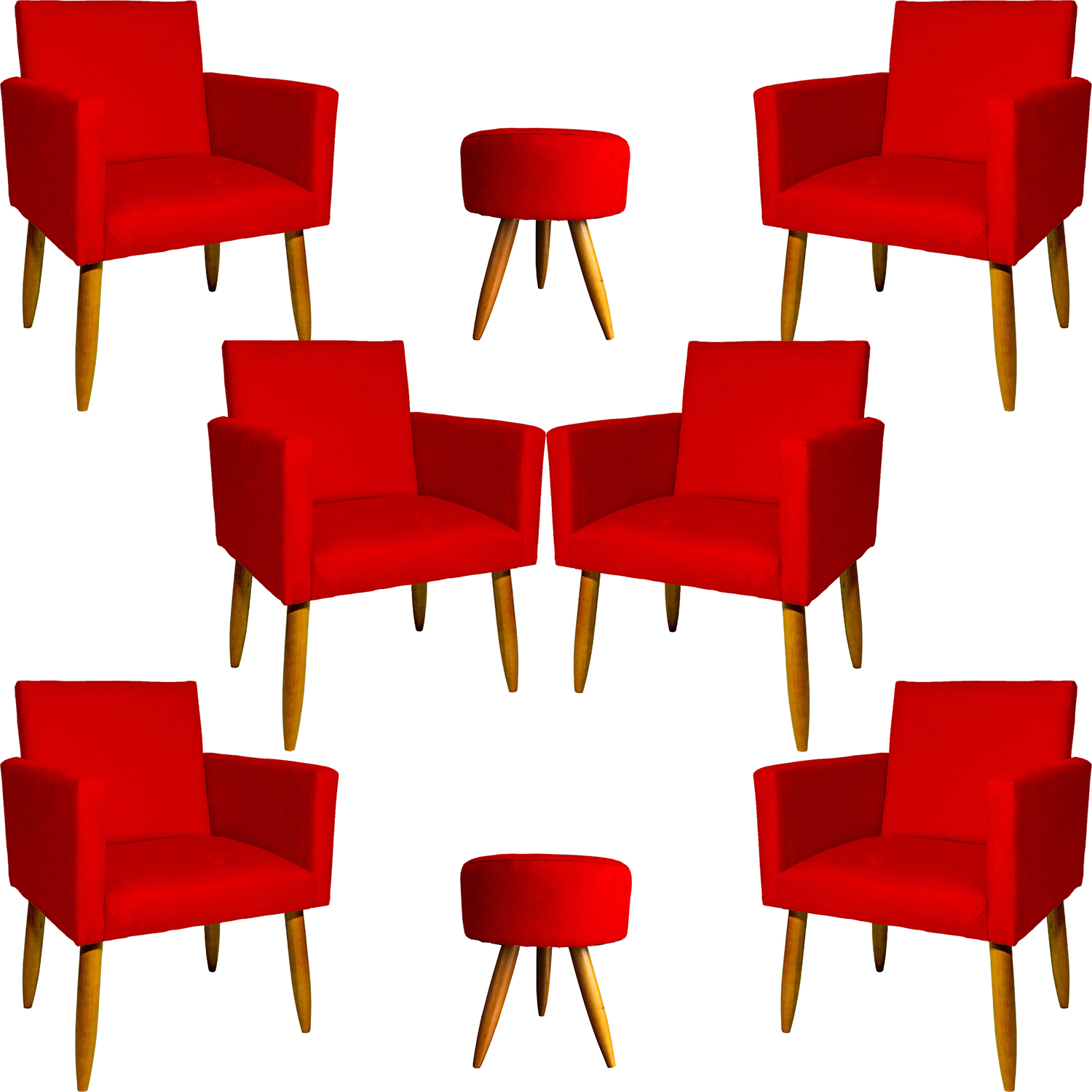 Kit 6 Poltronas Decorativas Para Sala, Recepção Nina + 2 Puff Redondo Suede Vermelho Pé Castanho - Clique E Decore