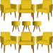 Kit 6 Poltronas Decorativas Para Sala, Recepção Nina + 3 Puff Redondo Suede Amarelo Pé Castanho - Clique E Decore