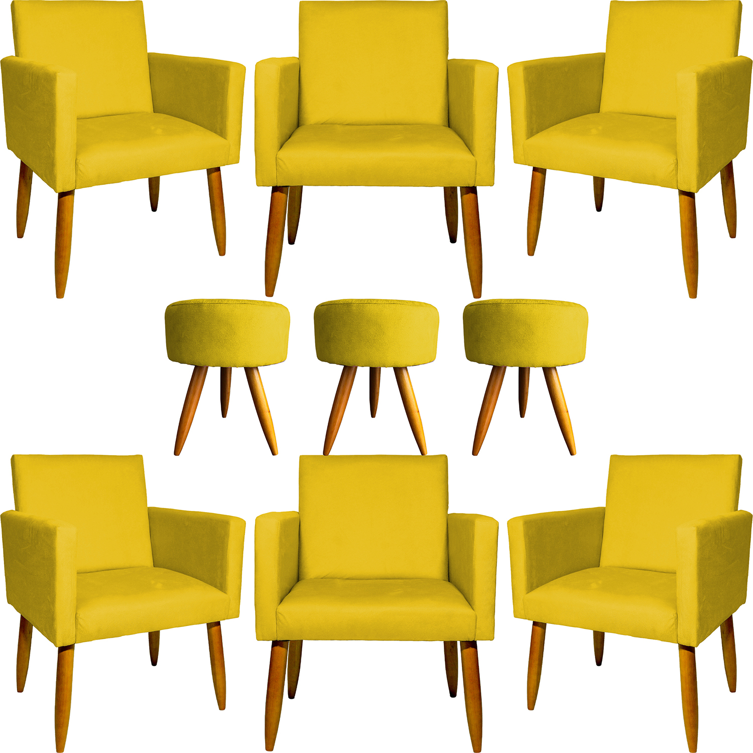 Kit 6 Poltronas Decorativas Para Sala, Recepção Nina + 3 Puff Redondo Suede Amarelo Pé Castanho - Clique E Decore