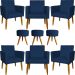 Kit 6 Poltronas Decorativas Para Sala, Recepção Nina + 3 Puff Redondo Suede Azul Marinho Pé Castanho - Clique E Decore