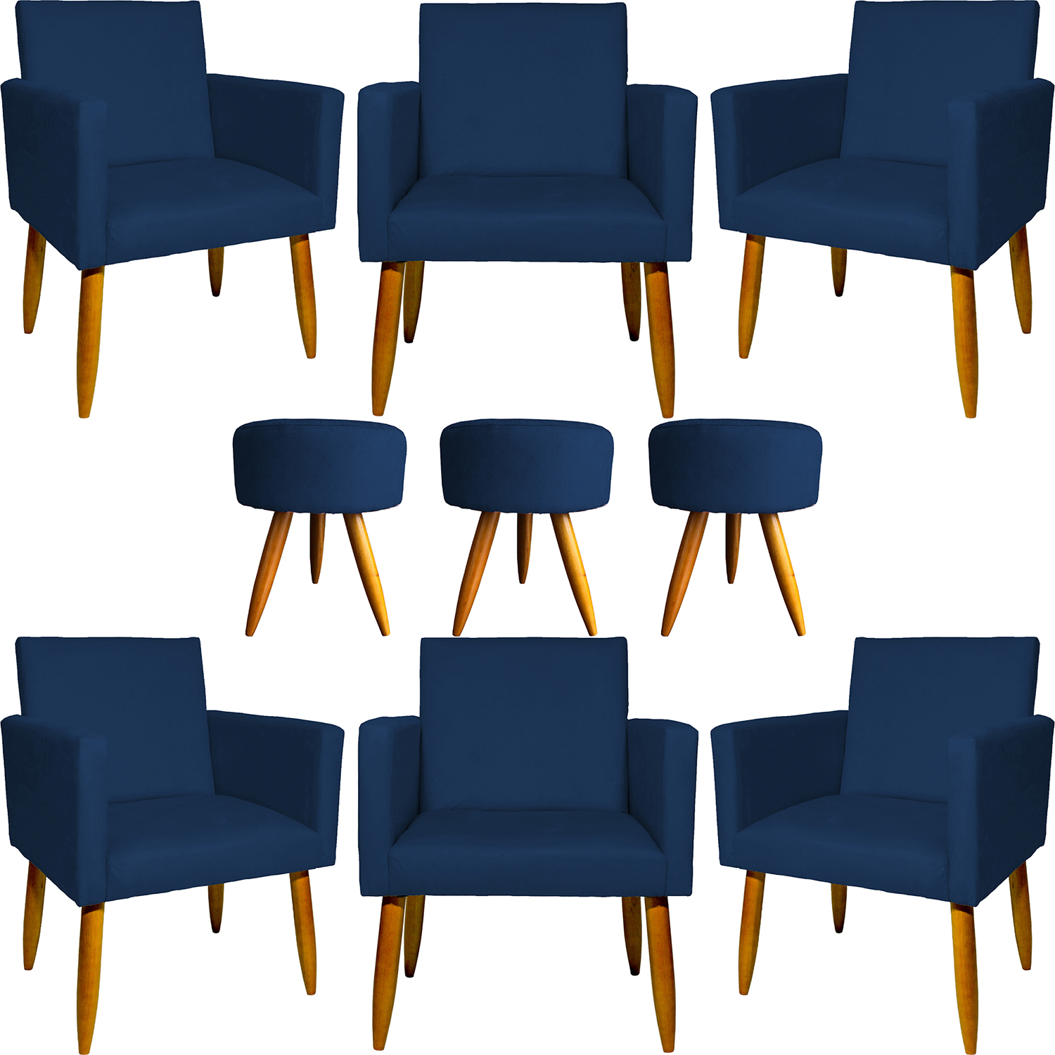 Kit 6 Poltronas Decorativas Para Sala, Recepção Nina + 3 Puff Redondo Suede Azul Marinho Pé Castanho - Clique E Decore
