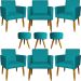 Kit 6 Poltronas Decorativas Para Sala, Recepção Nina + 3 Puff Redondo Suede Azul Turquesa Pé Castanho - Clique E Decore