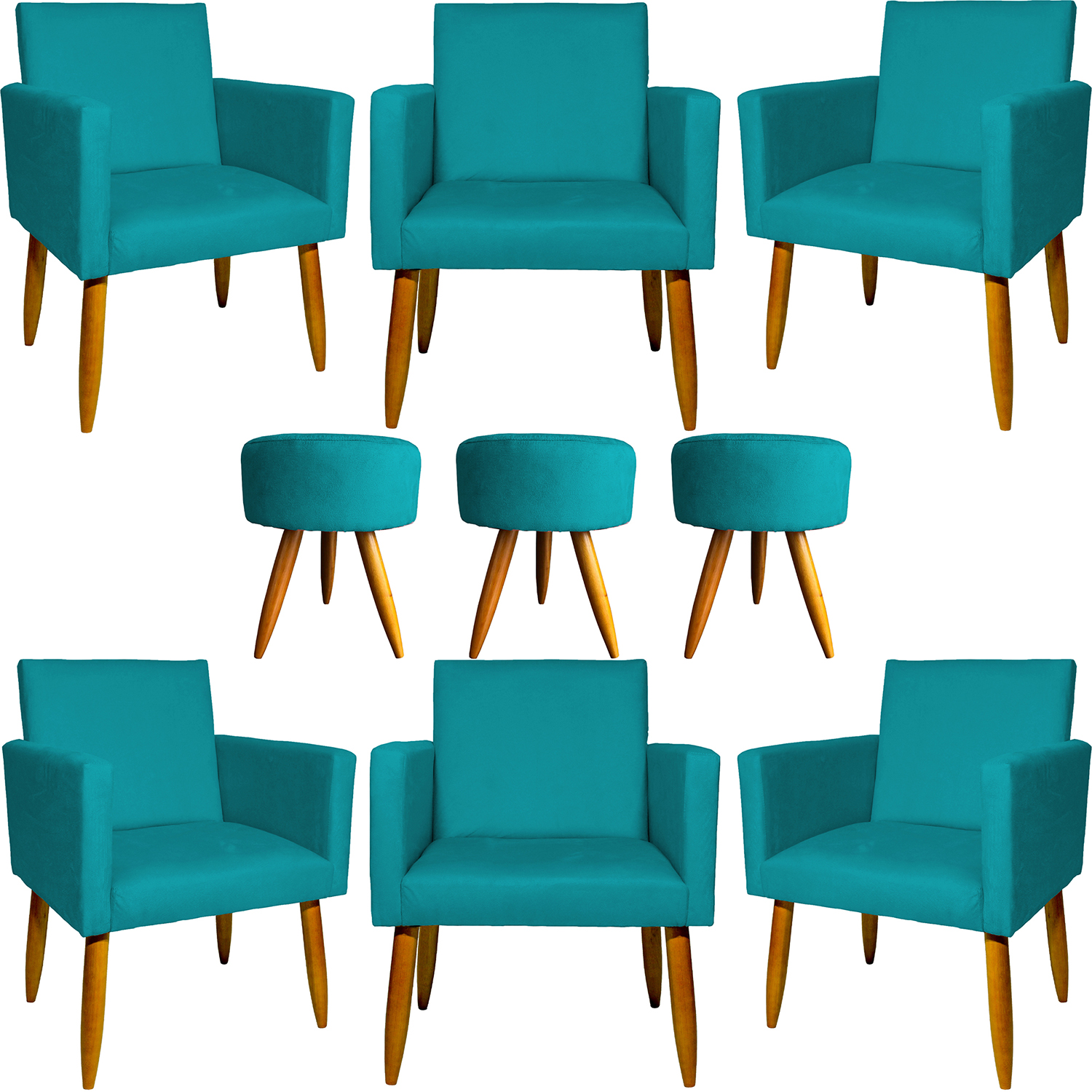 Kit 6 Poltronas Decorativas Para Sala, Recepção Nina + 3 Puff Redondo Suede Azul Turquesa Pé Castanho - Clique E Decore