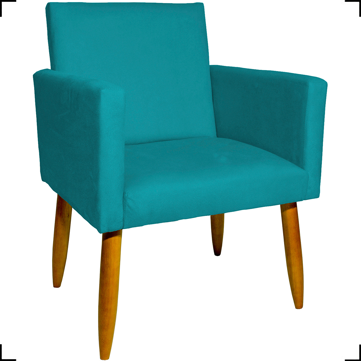 Kit 6 Poltronas Decorativas Para Sala, Recepção Nina + 3 Puff Redondo Suede Azul Turquesa Pé Castanho - Clique E Decore