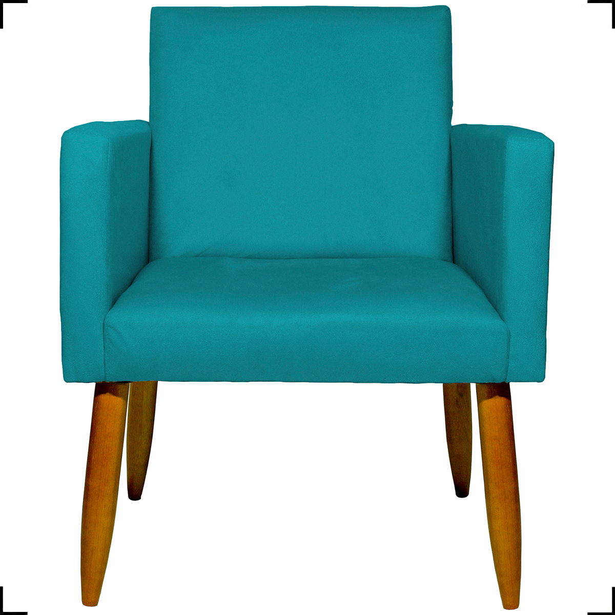 Kit 6 Poltronas Decorativas Para Sala, Recepção Nina + 3 Puff Redondo Suede Azul Turquesa Pé Castanho - Clique E Decore