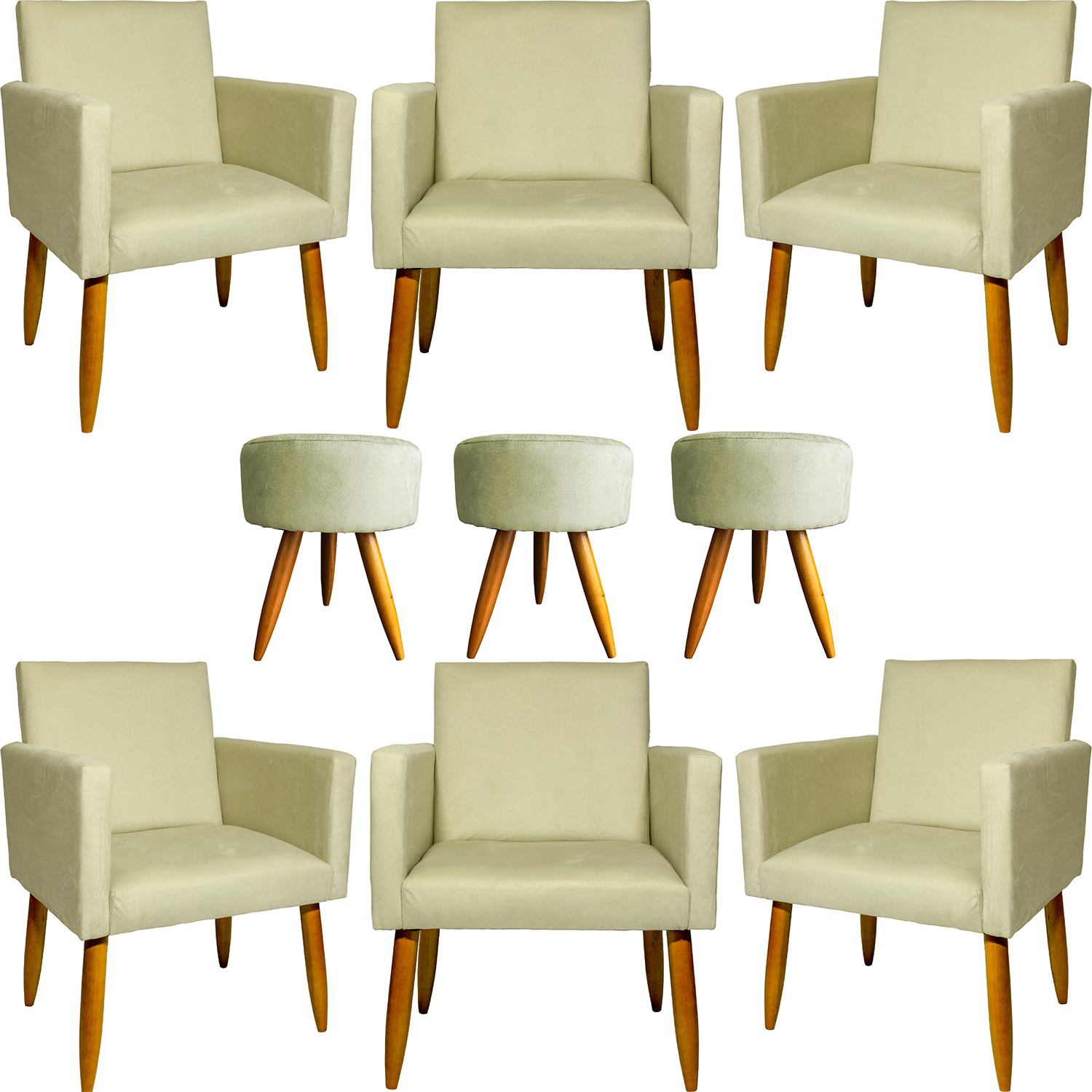 Kit 6 Poltronas Decorativas Para Sala, Recepção Nina + 3 Puff Redondo Suede Bege Pé Castanho - Clique E Decore
