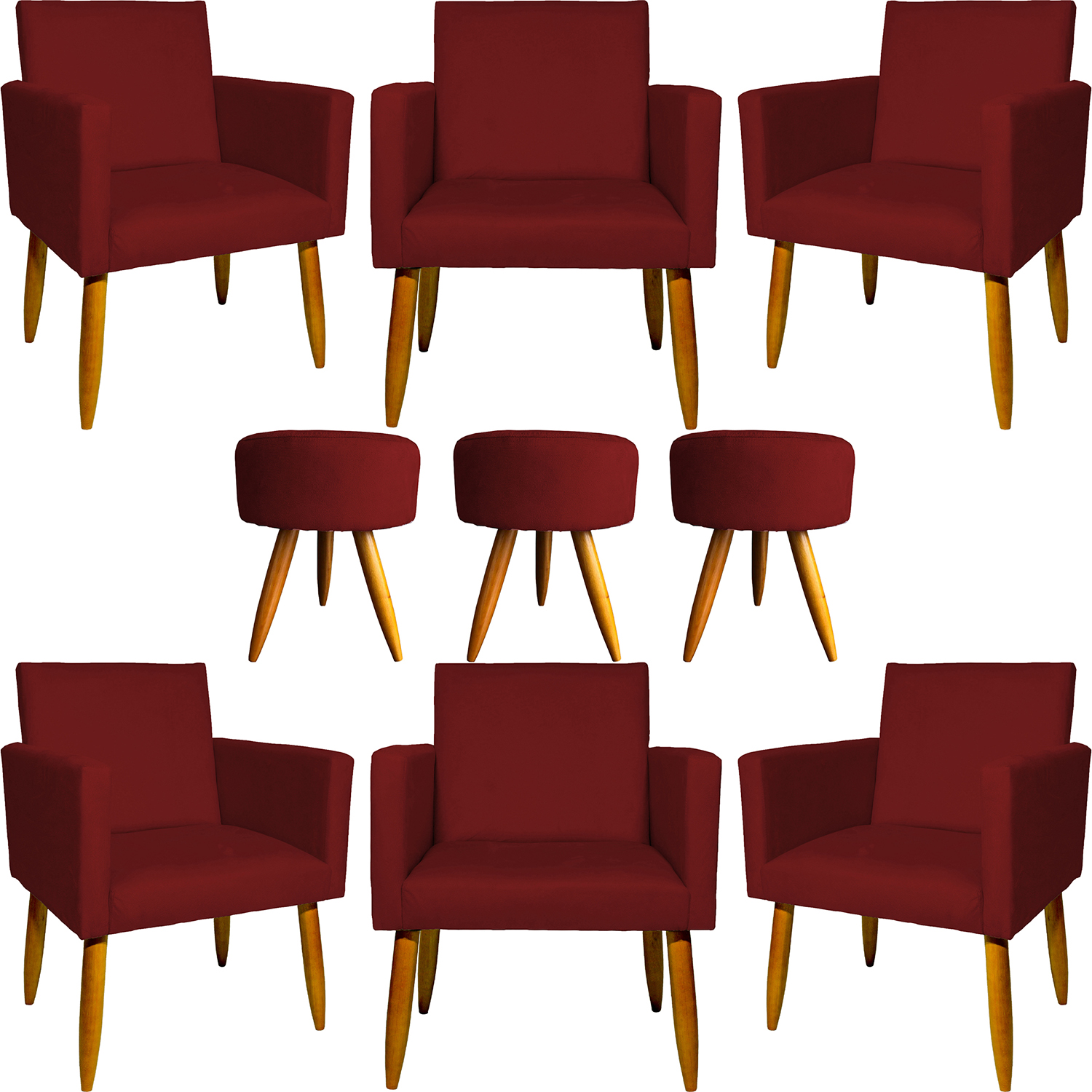 Kit 6 Poltronas Decorativas Para Sala, Recepção Nina + 3 Puff Redondo Suede Bordô Pé Castanho - Clique E Decore