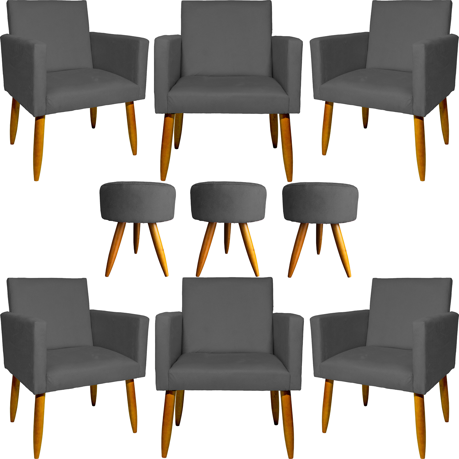 Kit 6 Poltronas Decorativas Para Sala, Recepção Nina + 3 Puff Redondo Suede Cinza Pé Castanho - Clique E Decore