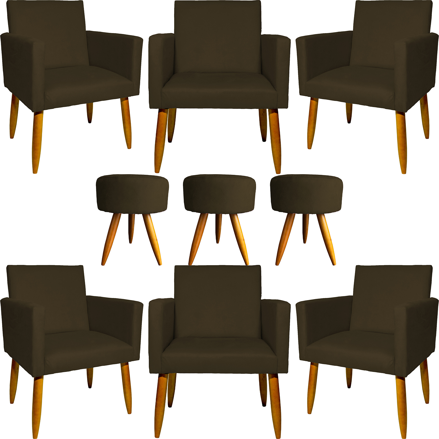 Kit 6 Poltronas Decorativas Para Sala, Recepção Nina + 3 Puff Redondo Suede Marrom Pé Castanho - Clique E Decore