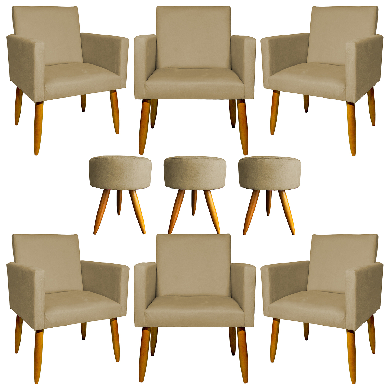 Kit 6 Poltronas Decorativas Para Sala, Recepção Nina + 3 Puff Redondo Suede Nude Pé Castanho - Clique E Decore
