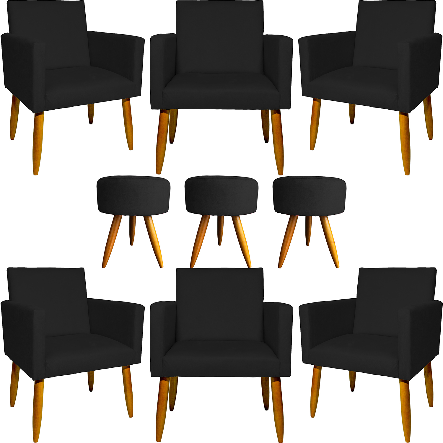 Kit 6 Poltronas Decorativas Para Sala, Recepção Nina + 3 Puff Redondo Suede Preto Pé Castanho - Clique E Decore