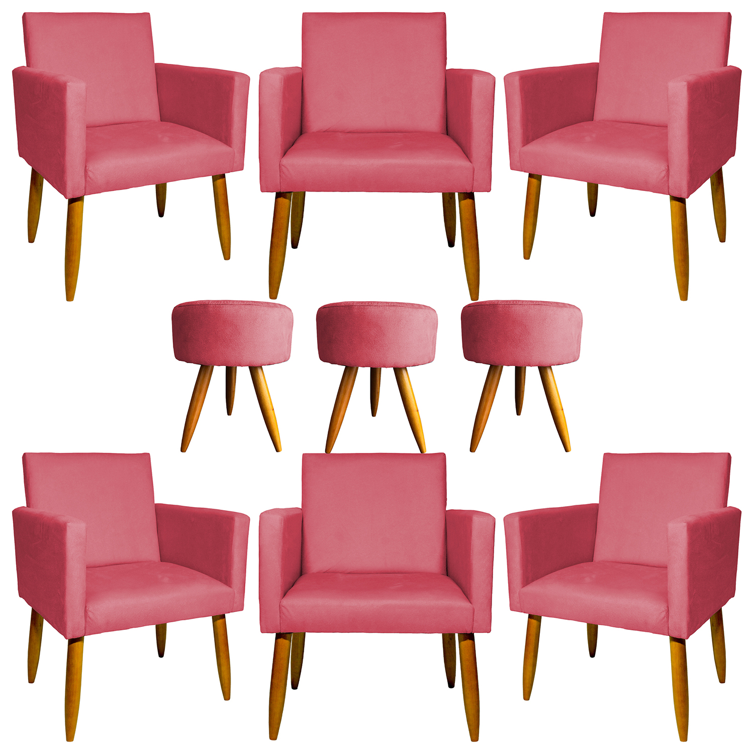Kit 6 Poltronas Decorativas Para Sala, Recepção Nina + 3 Puff Redondo Suede Rosê Pé Castanho - Clique E Decore