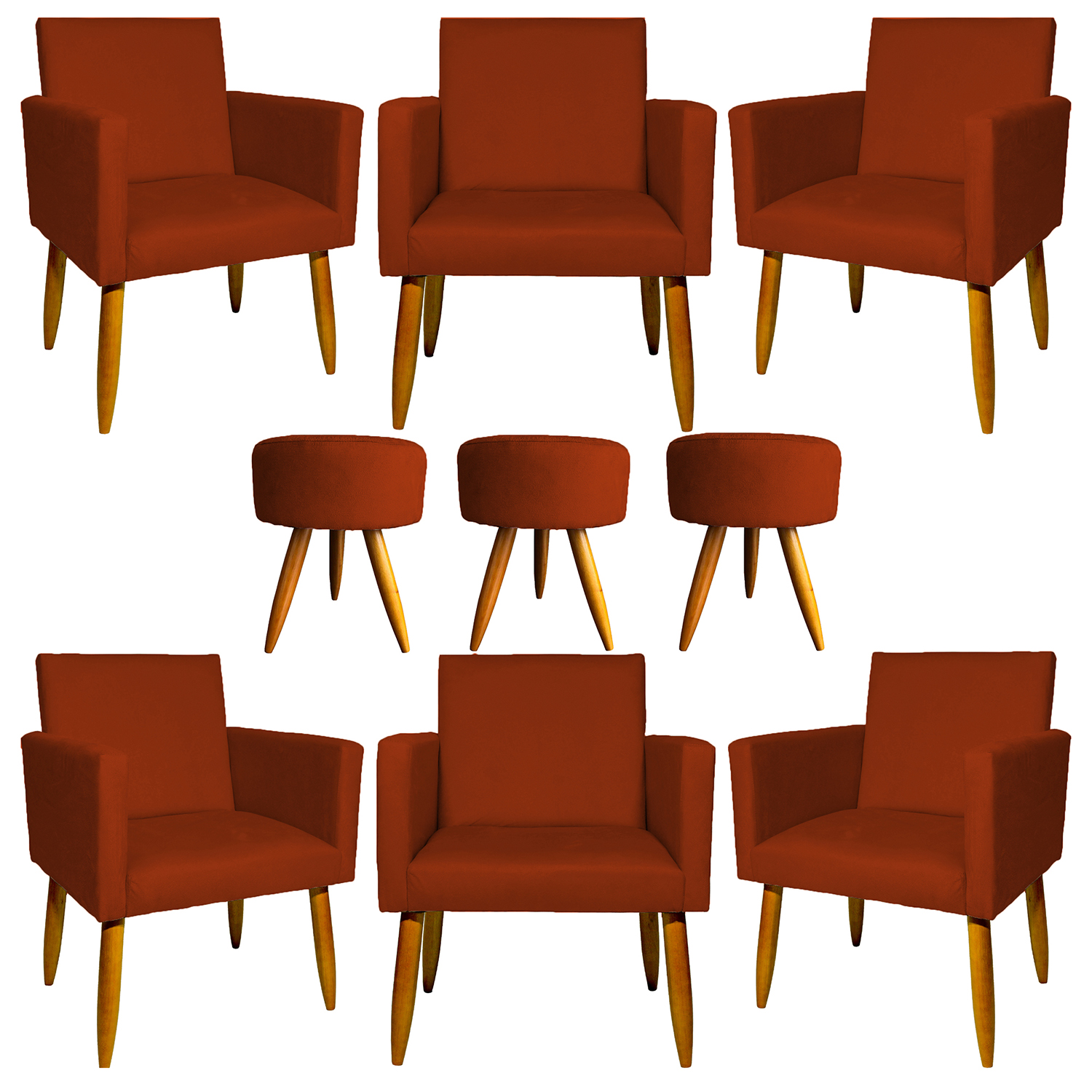 Kit 6 Poltronas Decorativas Para Sala, Recepção Nina + 3 Puff Redondo Suede Terracota Pé Castanho - Clique E Decore