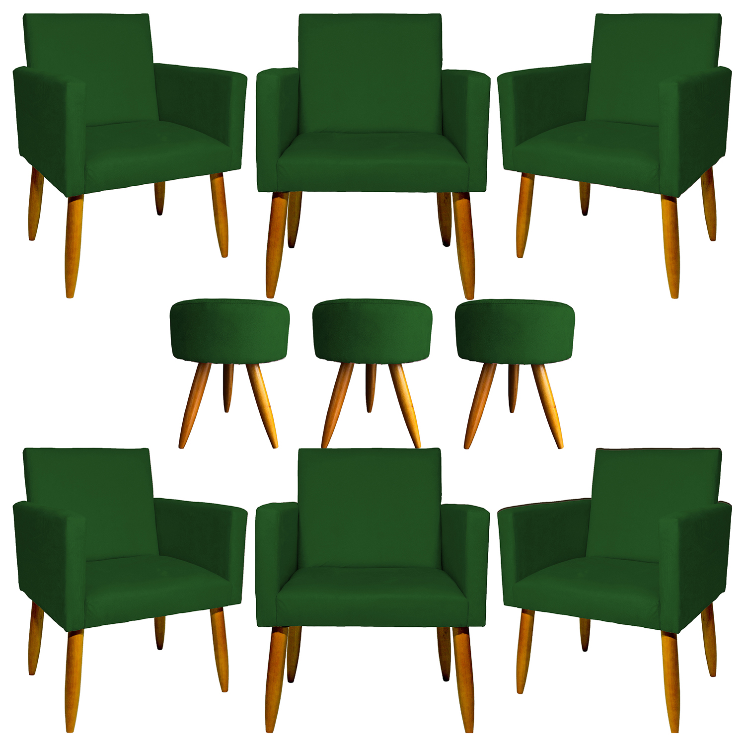 Kit 6 Poltronas Decorativas Para Sala, Recepção Nina + 3 Puff Redondo Suede Verde Pé Castanho - Clique E Decore