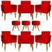 Kit 6 Poltronas Decorativas Para Sala, Recepção Nina + 3 Puff Redondo Suede Vermelho Pé Castanho - Clique E Decore