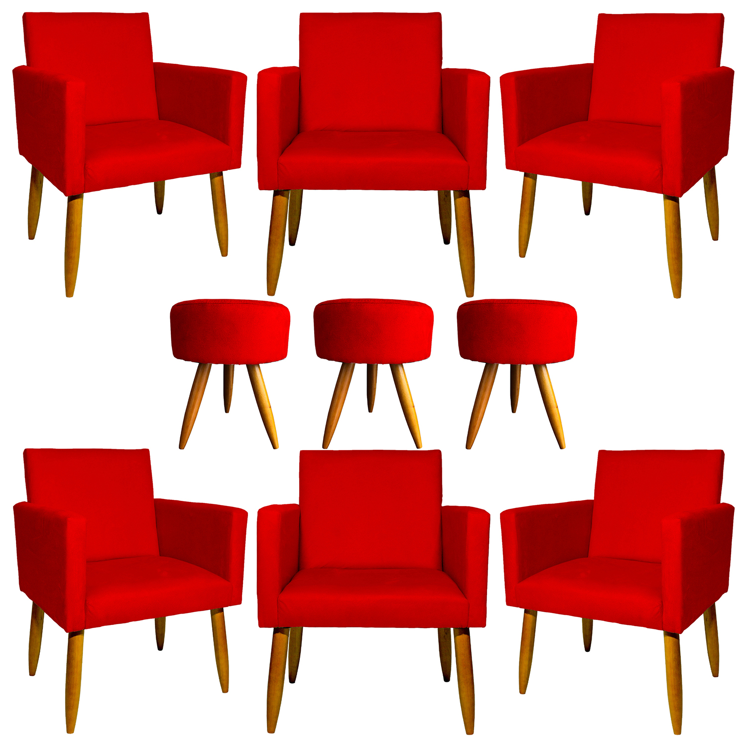 Kit 6 Poltronas Decorativas Para Sala, Recepção Nina + 3 Puff Redondo Suede Vermelho Pé Castanho - Clique E Decore