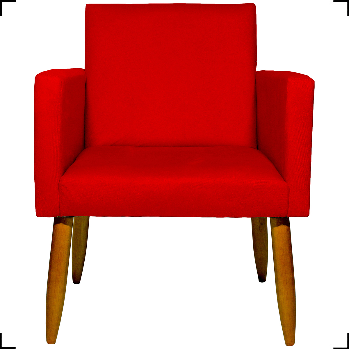 Kit 6 Poltronas Decorativas Para Sala, Recepção Nina + 3 Puff Redondo Suede Vermelho Pé Castanho - Clique E Decore