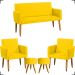 Kit Namoradeira + 2 Poltronas Decorativas Para Sala Nina + 2 Puff Redondos Suede Amarelo Pé Castanho