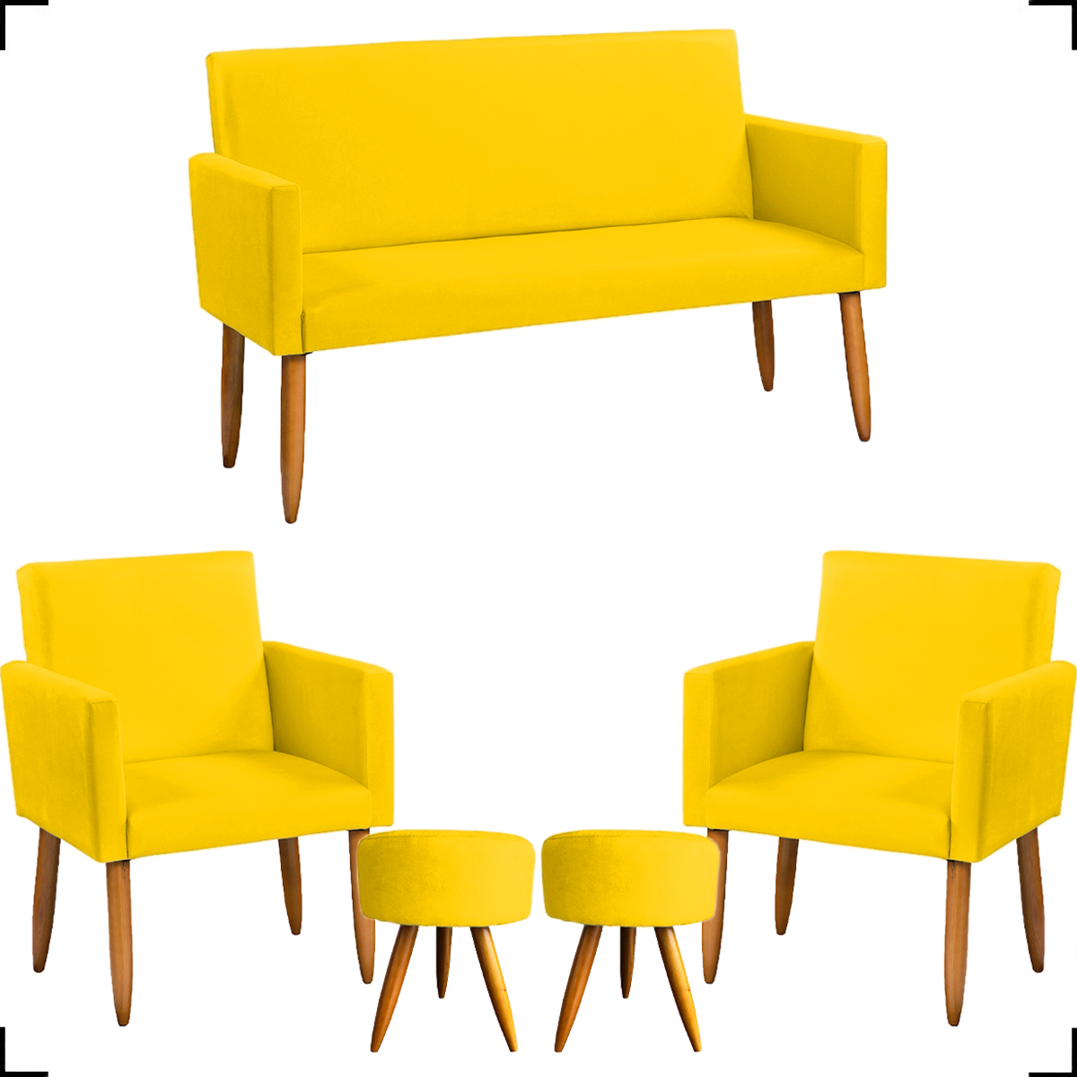 Kit Namoradeira + 2 Poltronas Decorativas Para Sala Nina + 2 Puff Redondos Suede Amarelo Pé Castanho