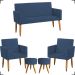 Kit Namoradeira + 2 Poltronas Decorativas Para Sala Nina + 2 Puff Redondos Suede Azul Marinho Pé Castanho