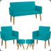 Kit Namoradeira + 2 Poltronas Decorativas Para Sala Nina + 2 Puff Redondos Suede Azul Turquesa Pé Castanho