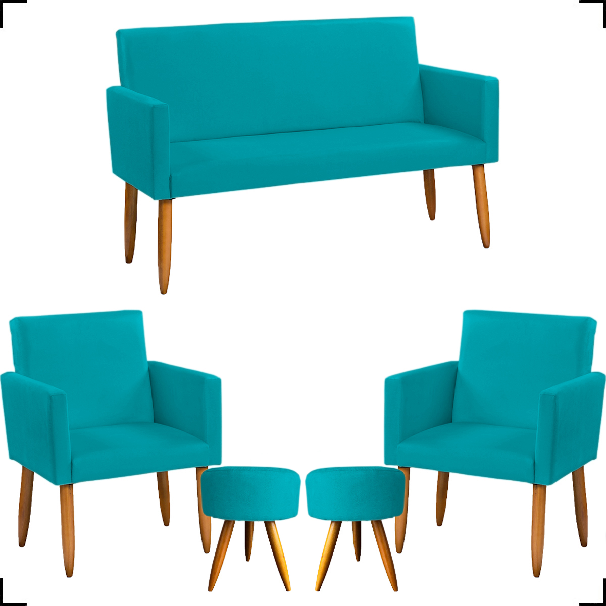 Kit Namoradeira + 2 Poltronas Decorativas Para Sala Nina + 2 Puff Redondos Suede Azul Turquesa Pé Castanho