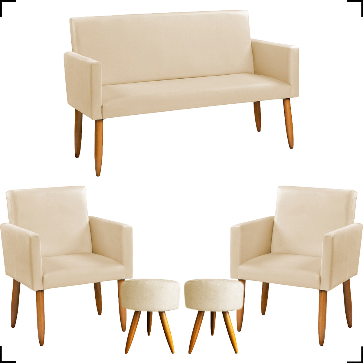 Kit Namoradeira + 2 Poltronas Decorativas Para Sala Nina + 2 Puff Redondos Suede Bege Pé Castanho