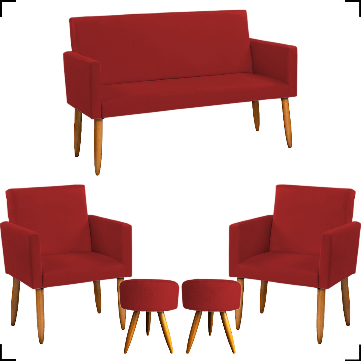 Kit Namoradeira + 2 Poltronas Decorativas Para Sala Nina + 2 Puff Redondos Suede Bordô Pé Castanho