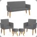 Kit Namoradeira + 2 Poltronas Decorativas Para Sala Nina + 2 Puff Redondos Suede Cinza Pé Castanho