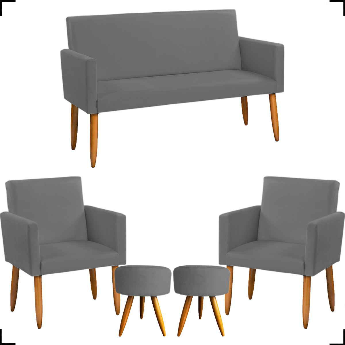 Kit Namoradeira + 2 Poltronas Decorativas Para Sala Nina + 2 Puff Redondos Suede Cinza Pé Castanho