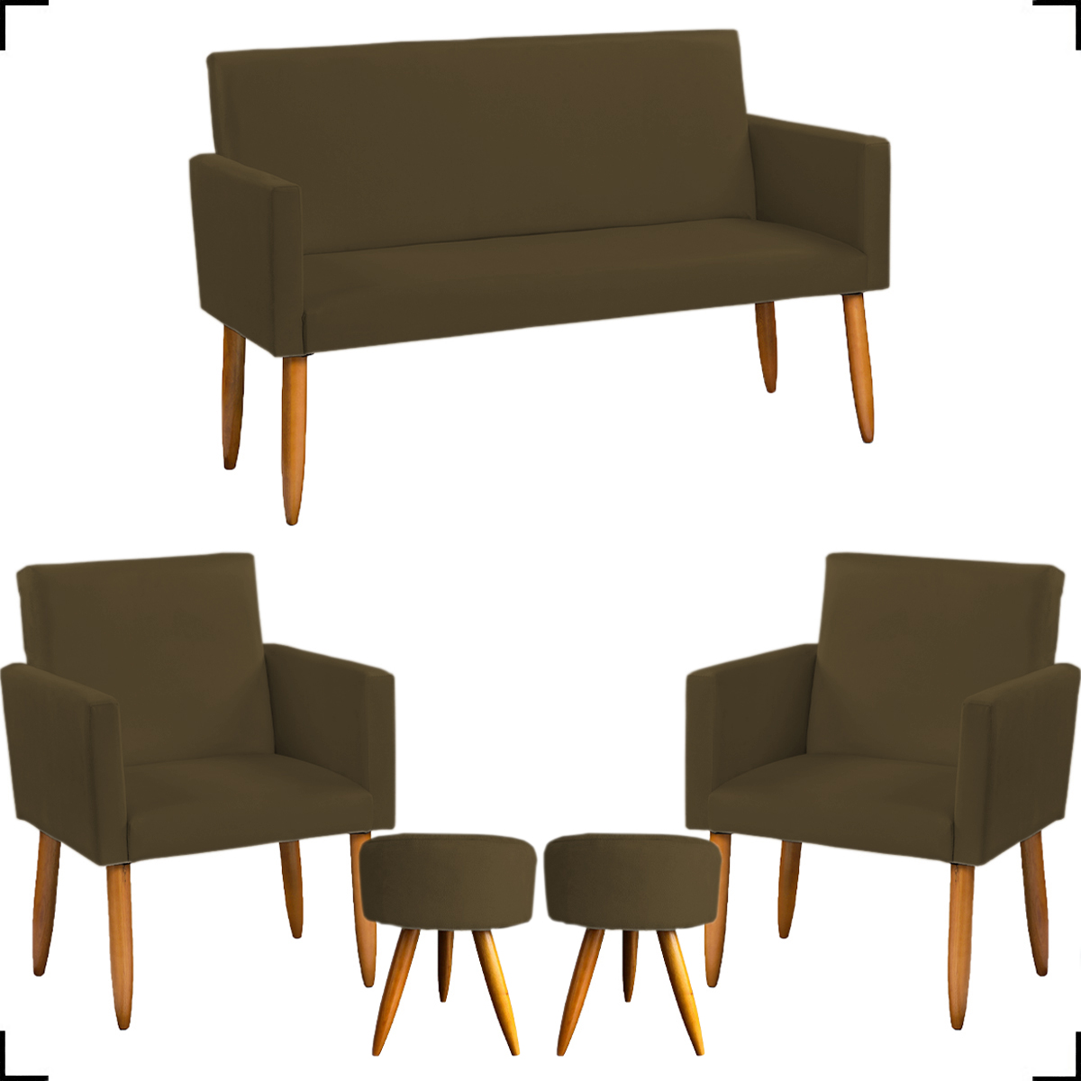 Kit Namoradeira + 2 Poltronas Decorativas Para Sala Nina + 2 Puff Redondos Suede Marrom Pé Castanho