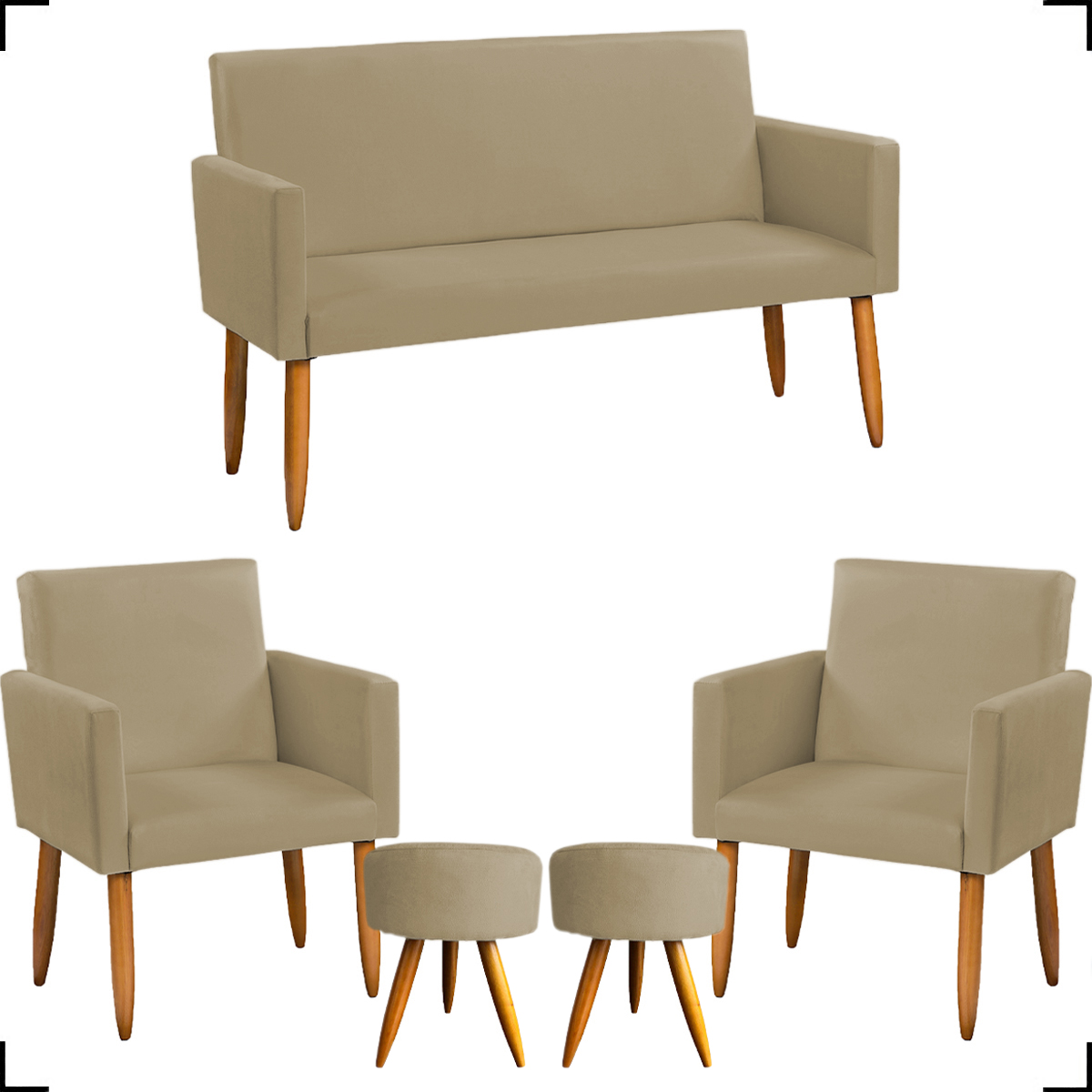 Kit Namoradeira + 2 Poltronas Decorativas Para Sala Nina + 2 Puff Redondos Suede Nude Pé Castanho