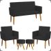 Kit Namoradeira + 2 Poltronas Decorativas Para Sala Nina + 2 Puff Redondos Suede Preto Pé Castanho