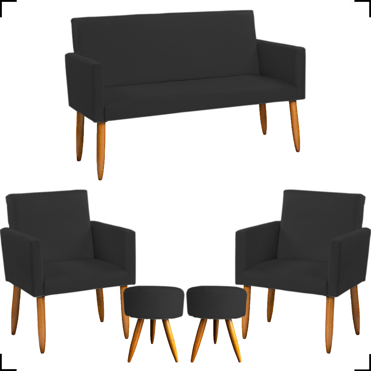 Kit Namoradeira + 2 Poltronas Decorativas Para Sala Nina + 2 Puff Redondos Suede Preto Pé Castanho