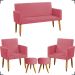 Kit Namoradeira + 2 Poltronas Decorativas Para Sala Nina + 2 Puff Redondos Suede Rosê Pé Castanho