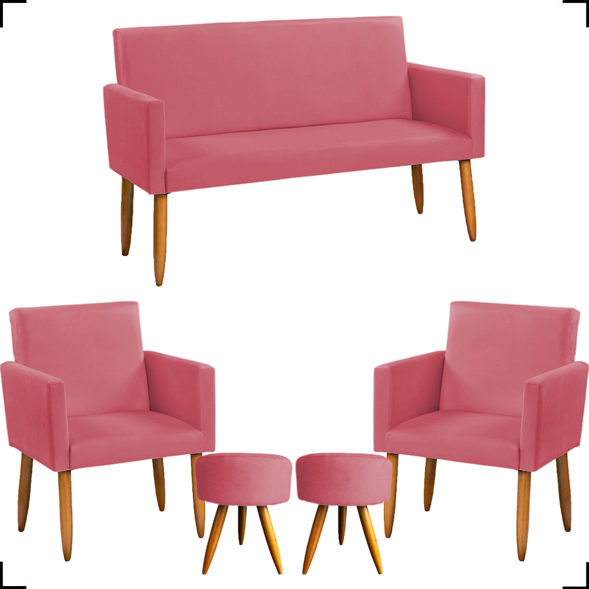 Kit Namoradeira + 2 Poltronas Decorativas Para Sala Nina + 2 Puff Redondos Suede Rosê Pé Castanho