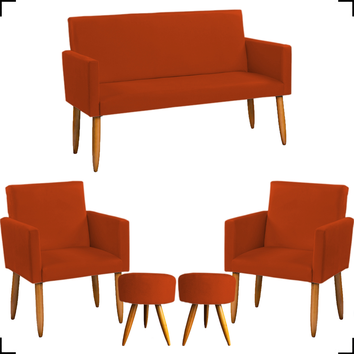 Kit Namoradeira + 2 Poltronas Decorativas Para Sala Nina + 2 Puff Redondos Suede Terracota Pé Castanho