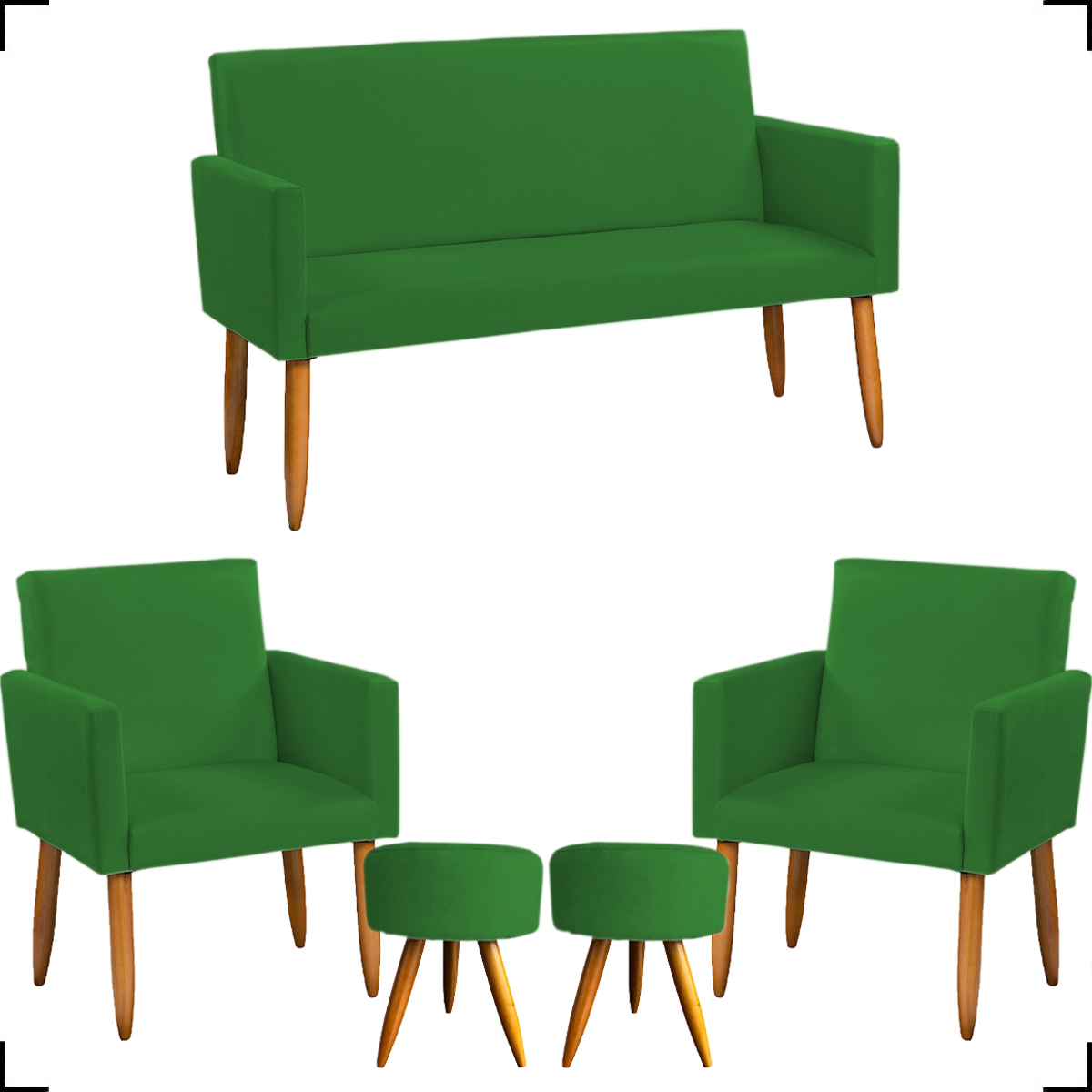 Kit Namoradeira + 2 Poltronas Decorativas Para Sala Nina + 2 Puff Redondos Suede Verde Pé Castanho